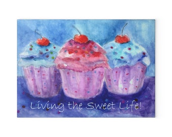 Glass Cutting Board: Living the Sweet Life! featuring an original watercolor painting