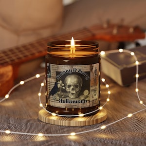Soy Candle, Halloween Vintage Skeleton Design, Halloween Candle, Fall Decor, Spooky Candle, Amber Jar Candle, Eerie Glow for Halloween Party