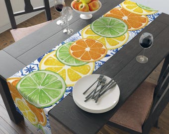 Camino de mesa cítrico: estampado de frutas coloridas, decoración de comedor de verano, rodajas de limón, lima y naranja crean un diseño llamativo, comedor de clima cálido