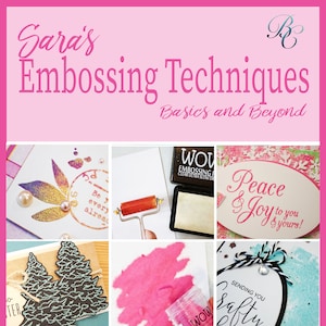 Peut inclure: Une couverture de livre rose intitulée "Sara's Embossing Techniques" avec le sous-titre "Basics and Beyond". La couverture présente un collage de projets d'art en relief, notamment des motifs floraux, du texte estampé et des sapins de Noël. Le nom de l'auteur est également affiché.
