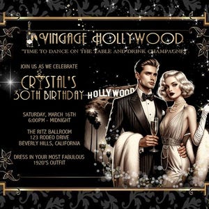 May include: Vintage Hollywood themed invitation for Crystal's 30th birthday. The invitation features a couple in 1920s attire, with the text "Time to dance on the table and drink champagne." The event is at The Ritz Ballroom in Beverly Hills.