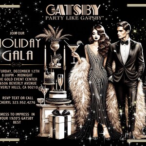 May include: A black and gold invitation to a holiday gala with a 1920s theme. The invitation features a couple dressed in formal attire, a festive cake, and the text "The Great Gatsby Party Like Gatsby".