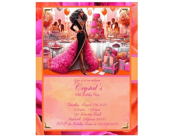 May include: A vibrant invitation for Crystal's 30th birthday party. The design features a woman in a black and pink gown, with party decorations and text that reads "Join us as we celebrate Crystal's 30th Birthday Party".