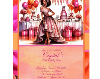 May include: An invitation for Crystal's 30th birthday party. The illustration features a woman in a pink gown, surrounded by cakes, gifts, and balloons. The invitation includes the date, time, and location: 123 Belmonte Road, Highland, California.
