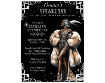 Peut inclure: Invitation noire et blanche pour le 30e anniversaire de Crystal, sur le thème d'un speakeasy. L'invitation présente une illustration d'une femme en robe de flapper et manteau de fourrure. Le texte comprend les détails de la fête et les informations RSVP.