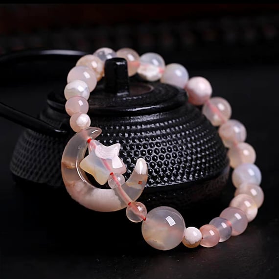 Moon & Star Blossom Agate Beaded Crystal Bracelet Gemstone 