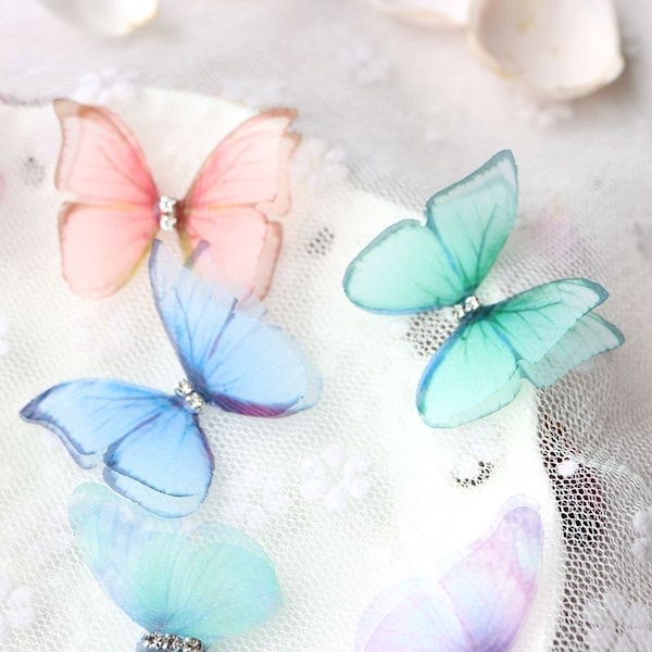 10pcs Silk Butterfly With CZ. Silk Butterflies 3D Organza Butterfly Wings