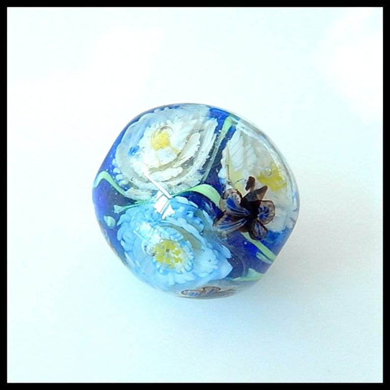 20MM Lampwork Glass Beads Pair Of Lampwork Flower Murano Floral beads Blue Lampwork Focal Beads