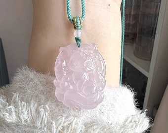 Pink Quartz Fox necklace,Gemstone necklace gift