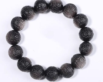 New! Silver Obsidian bracelet | Men Gift Jewelry | Gemstone Bracelet | Stretchy Bracelet For Women-13MM