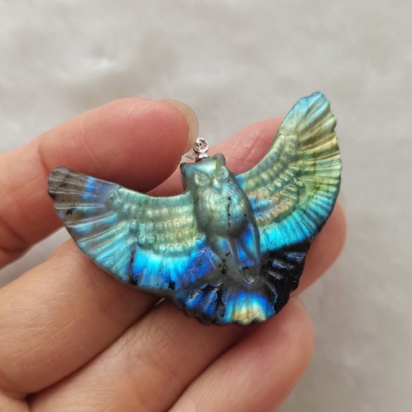 Owl Carved Labradorite Pendant.Men Pendant Gift //Unique Stone Pendant,Fitness Motivation//Spiritual Gemstone Pendant -49*33*9 MM