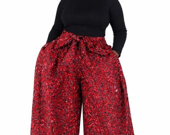 Pantalones palazzo rojos con estampado africano Ankara y pañuelo para la cabeza, estilo bohemio de pierna ancha.