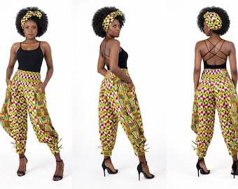 Damen KENTE PRINT Hose Hose Afrikanischer Print Elastische Taille 1 Größe ( M-XL) mit Kopfband
