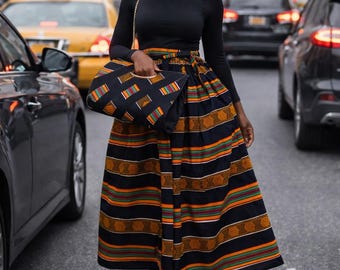 AFRICAN Ankara Elastic Waist Skirt with matching bag 1 Size (M-2X) w/ pockets black kente