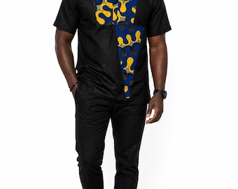 Men's Black African Ankara Top and Drawstring Pant Suit Set Clothing Dashiki Print w/hat summer spring fashion wear