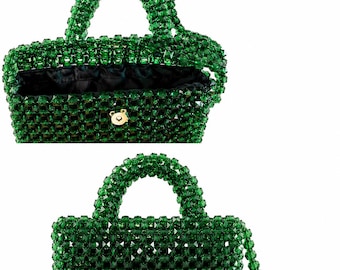 Handmade Emerald Green Crystal Beaded Evening Bag With Handle, Dark Green Purse