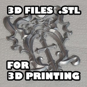 May include: A silver-colored metallic emblem featuring an ornate, swirling filigree border surrounding a central cross. The text 3D FILES .STL FOR 3D PRINTING is overlaid in white with a black outline across the top and bottom of the object.