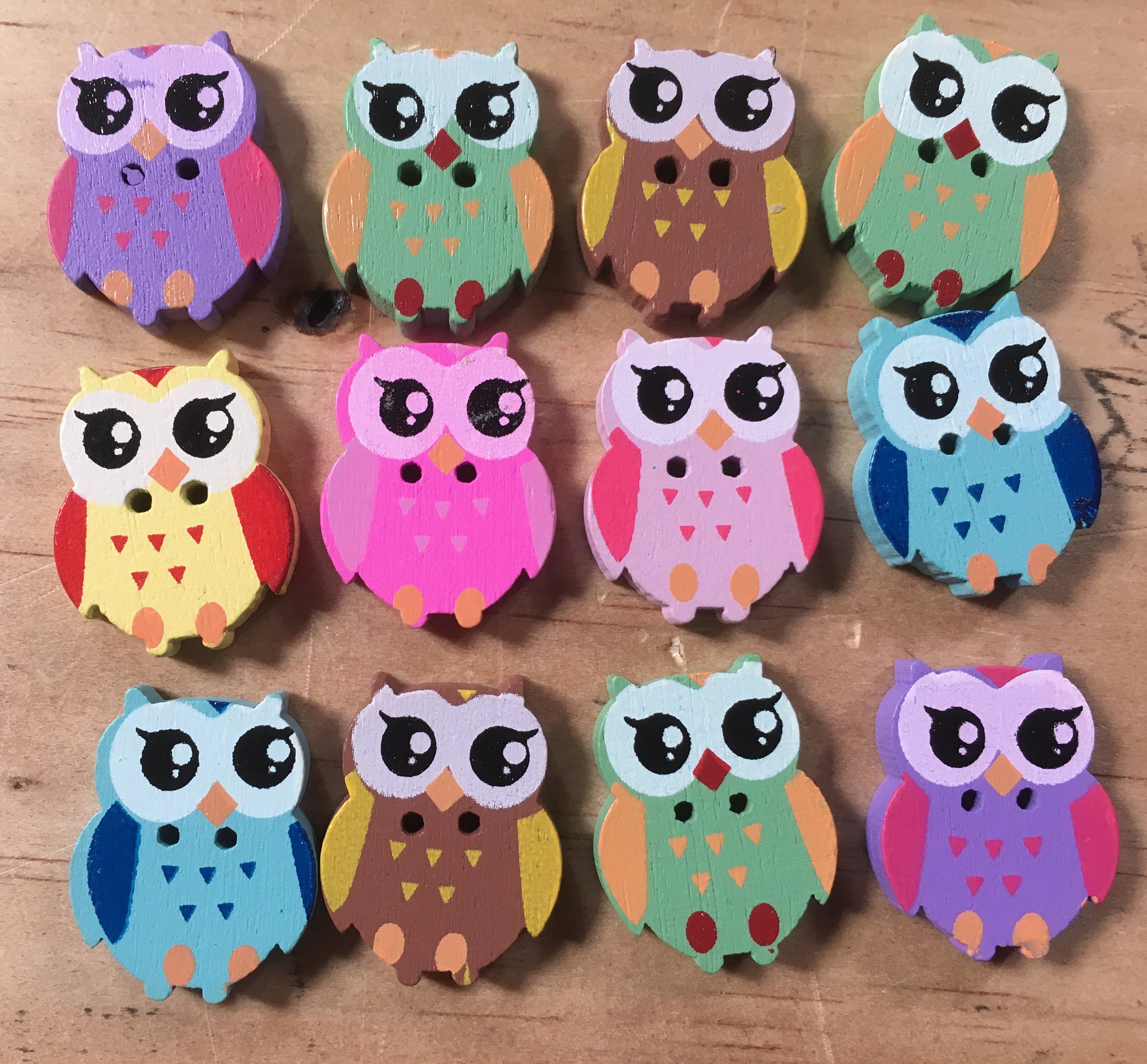 Owl Buttons Painted Wooden Owl Buttons Craft Sewing Etsy