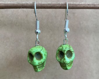 Green Skull Silver Hook Earrings