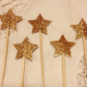 Gold Glitter Star Cupcake Toppers - Wedding, Birthday, Baby Shower, Event. Set of 10