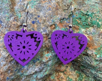 Purple Wooden Heart Earrings Handmade Laser cut Dangle Earrings