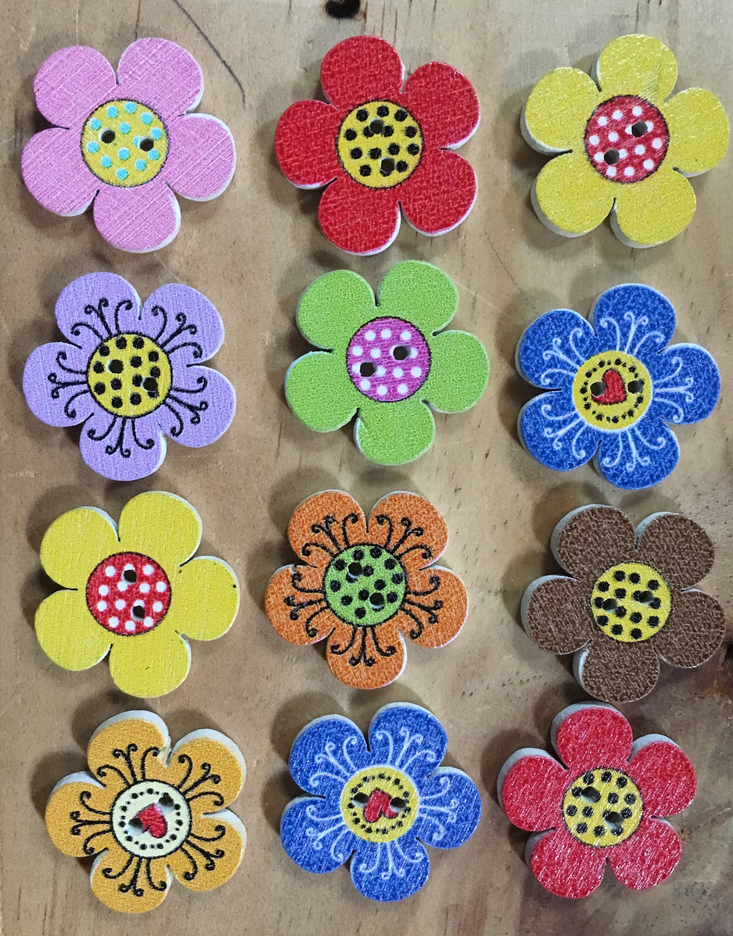 Flower Buttons Painted Wooden Flower Buttons Craft Sewing Etsy
