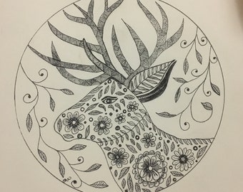 Floral Deer Wall Art Print of Original Ink Drawing - Limited Edition Signed Illustration Reindeer