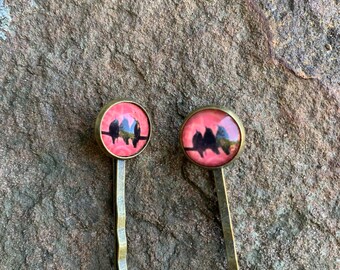 Three Birds Hair Clips Glass Domed Birds Barrette set of two hairpins