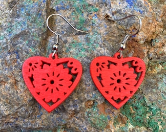 Red Wooden Heart Earrings Handmade Laser cut Dangle Earrings