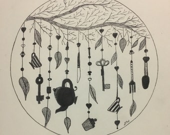 Alice Tea PartyTree Wall Art Print of Original Ink Drawing - Limited Edition Signed Illustration Tea lovers