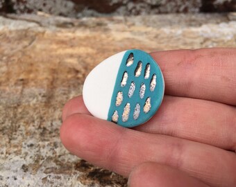 Porcelain Pebble Brooch with teal and gold decoration