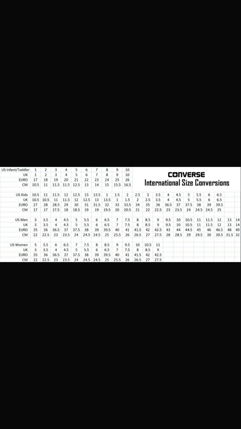 Op de afbeelding: Converse internationale maattabel. Toont US, UK en Euro maten voor baby's, kinderen, mannen en vrouwen. Toont ook centimeter maten voor elke maat, van 10,5 cm tot 32 cm.