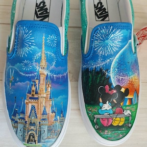 Disney parks shoes,Disney themed shoes,custom Disney shoes,Disney shoes,hand painted vans,Cinderella castle,epcot center,Disney vans
