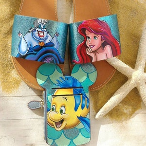 Leather sandals ,Disney sandals,Disney style,Ariel,the little mermaid shoes,Disney shoes,Ariel shoes,Disney id holder ,Disney park style