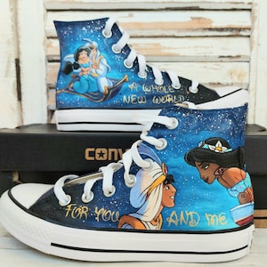Disney shoes , hand painted shoes , Disney princess , Aladdin and Jasmine  ,disney wedding shoes, bridal shoes, disney wedding, disney gift