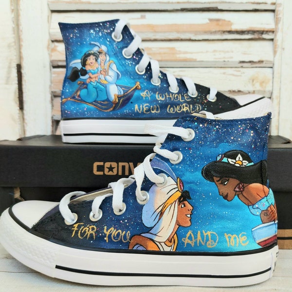 Chaussures Disney, chaussures peintes à la main, princesse Disney, Aladdin et Jasmin, chaussures de mariage disney, chaussures de mariée, mariage disney, cadeau disney