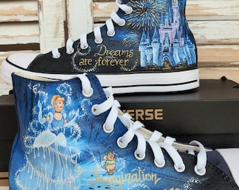Handgeschilderde Disney-schoenen, Disney-schoenen, kasteel Assepoester, Assepoester-schoenen, Assepoester, bruiloft handgeschilderde schoenen, trouwschoenen