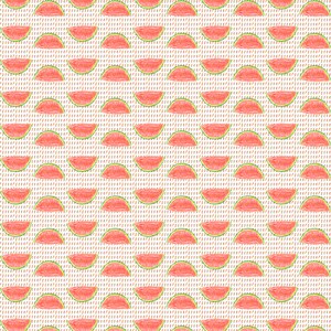 May include: A repeating pattern of watermelon slices on a textured background. The watermelons are red with green rinds, and the background has a beige color with vertical brown lines. The image is a seamless pattern.