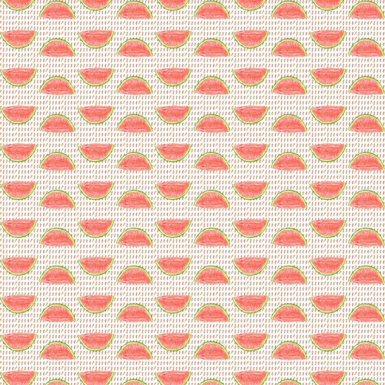 May include: A repeating pattern of watermelon slices on a textured background. The watermelons are red with green rinds, and the background has a beige color with vertical brown lines. The image is a seamless pattern.