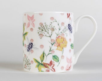 Flora & Fauna Bone China Mug, bees, flowers, spotty, leaves