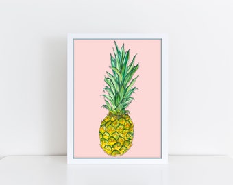 Pineapple, Giclee Print. Fruit, pink, foodie, archival inks, art.