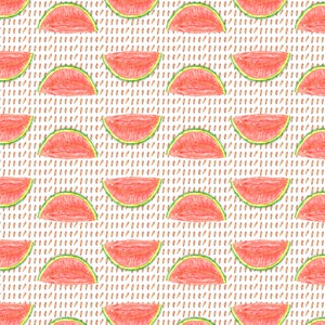 May include: A repeating pattern of watercolor watermelon slices on a white background with a dotted design. The watermelon slices are red with green rinds and black seeds. The background has a pattern of small brown dots.