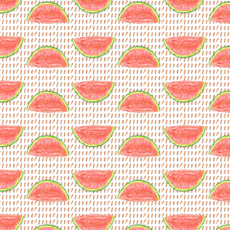 May include: A repeating pattern of watercolor watermelon slices on a white background with a dotted design. The watermelon slices are red with green rinds and black seeds. The background has a pattern of small brown dots.