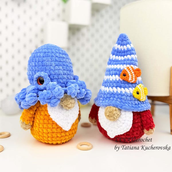 2 patrones de ganchillo: Gnomos, Gnomo Pescador, Gnomo Pulpo, Patrón de Juguete Amigurumi (PDF, Digital)