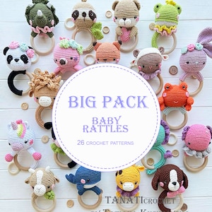 Op de afbeelding: Een verzameling van 26 haakpatronen voor babyratels met verschillende dierenontwerpen. De patronen zijn verkrijgbaar als een groot pakket en zijn ontworpen door Tatyana Kuchevskaya.