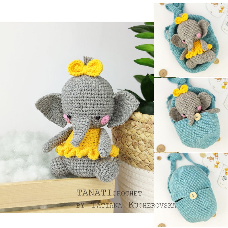 Pode incluir: Um elefante de croch&ecirc; cinza com um vestido amarelo e um la&ccedil;o amarelo na cabe&ccedil;a. O elefante est&aacute; sentado em uma caixa de madeira. A imagem tamb&eacute;m mostra uma bolsa de croch&ecirc; azul com um la&ccedil;o amarelo e um elefante de croch&ecirc; cinza dentro. A bolsa tem uma al&ccedil;a e um fecho de bot&atilde;o.