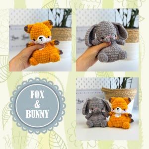 Könnte beinhalten: Eine Sammlung handgefertigter Häkeltiere, darunter ein Fuchs und ein Hase. Der Fuchs ist orange mit weißen und braunen Akzenten, der Hase grau. Die Spielzeuge sind weich und kuschelig, ideal für Kinder oder als Dekoration. Der Text "FOX & BUNNY" ist ebenfalls im Bild enthalten.
