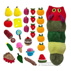 May include: A collection of colorful, crocheted food items and a large caterpillar. The food includes yellow pears, red apples, strawberries, oranges, a slice of cheese, a lollipop, ice cream, a cupcake, a slice of watermelon, and more. The caterpillar is red, green, and yellow.