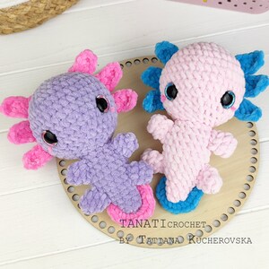 May include: Two crocheted axolotl plushies, one purple with pink gills and one pink with blue gills. The plushies are sitting on a wooden base with the text "Tanaticrochet by Tatiana Kucherovska" on it.