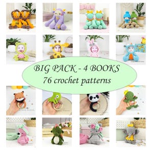 May include: A collection of crochet patterns featuring various animal designs. The image showcases finished crochet items, including lions, a sheep, frogs, and baby outfits. The text in the image reads "BIG PACK - 4 BOOKS 76 crochet patterns."